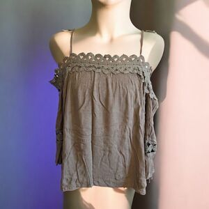 Krazy Kat Olive Green Off the Shoulder Embroidered Top - L